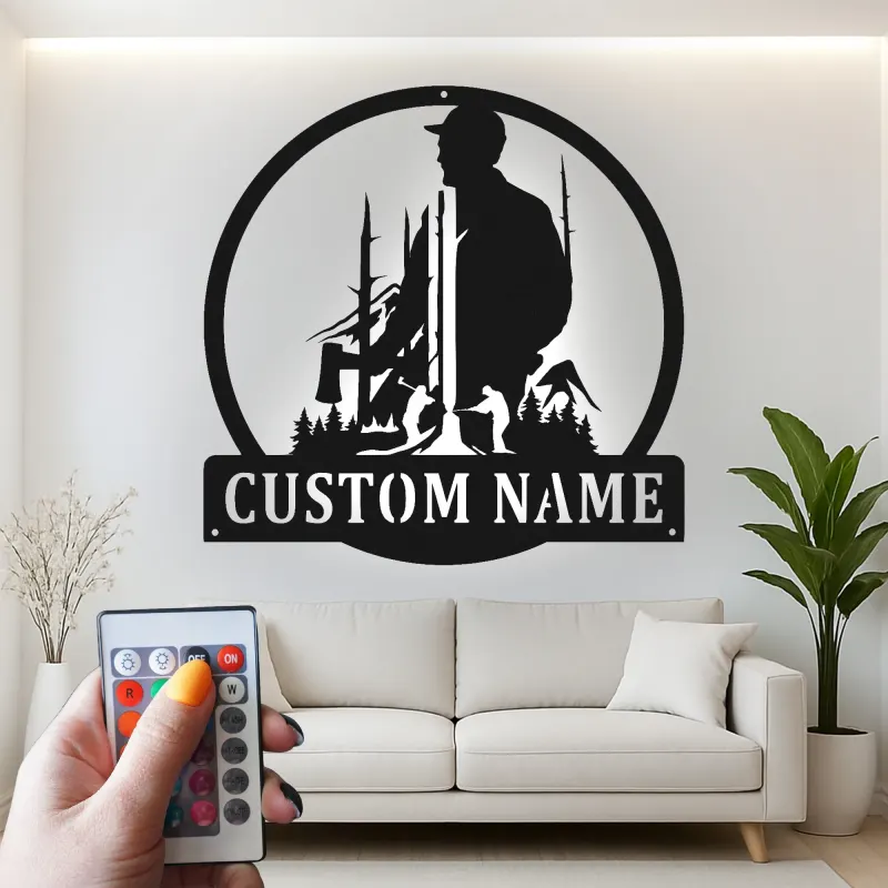 Lumberjack Silhouette Metal Sign | Custom LED Name Art | Rustic Cabin Decor & Woodsman Gift
