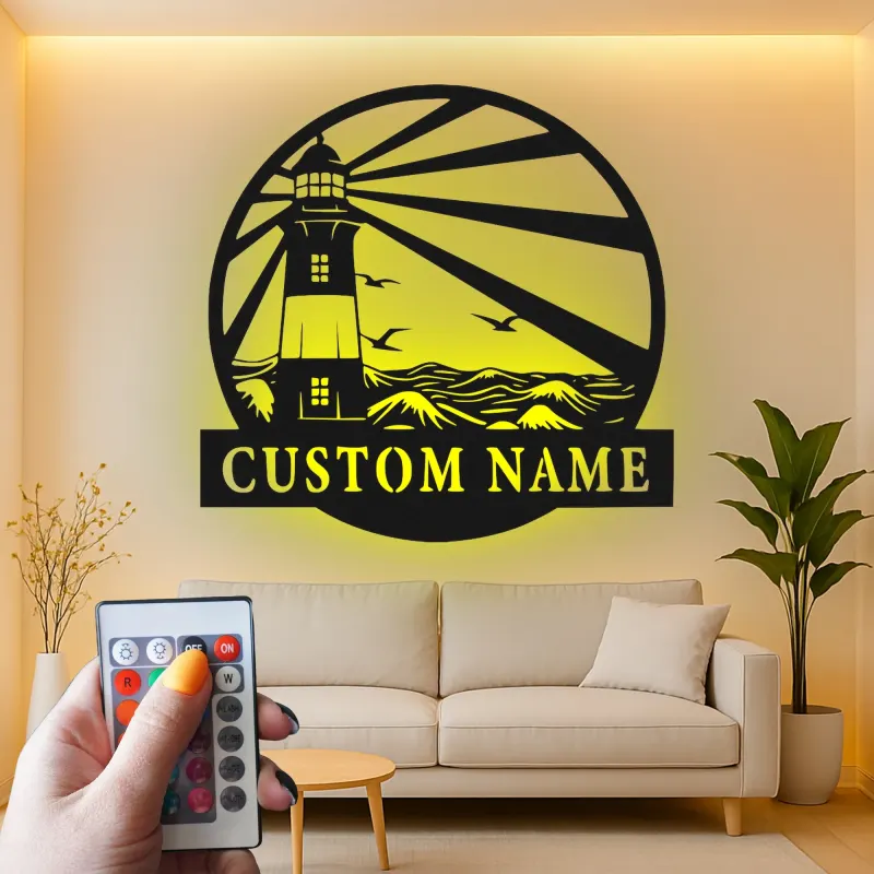 Personalisierte Metalltafel Leuchtturm | LED Strandhaus Dekor | Personalisierte Nautische Wandkunst | Küsten-Ozeanszene