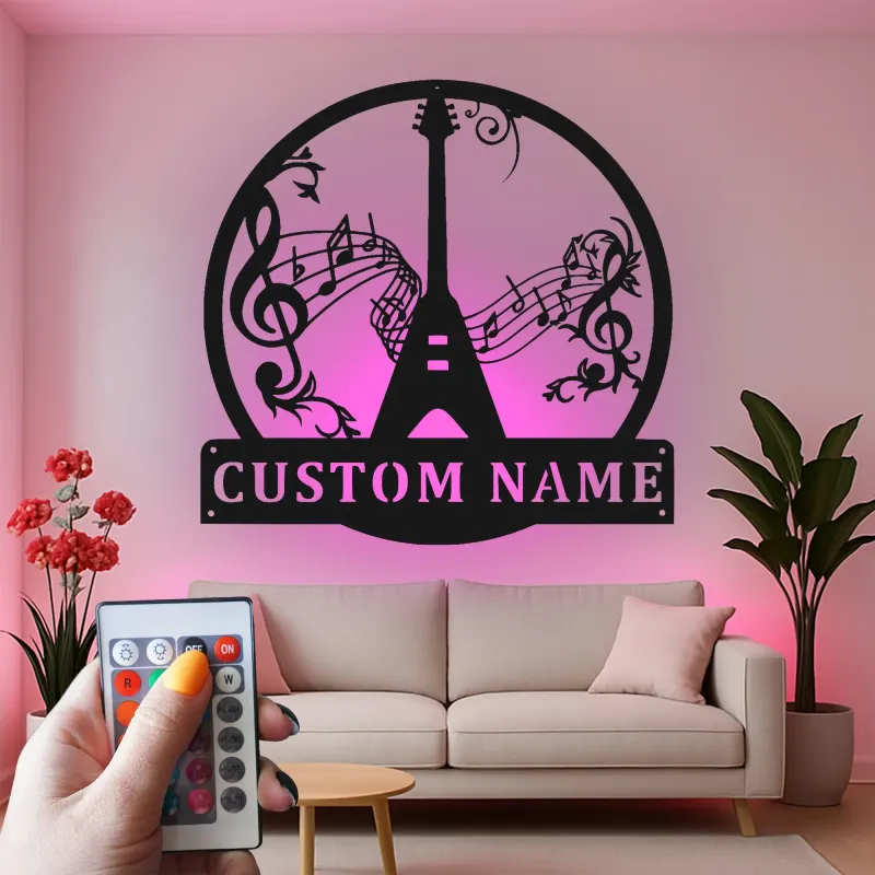 Insegna LED in metallo con chitarra personalizzata | Insegna personalizzata con nome per musicisti | Arredo per home studio | Regalo per chitarristi