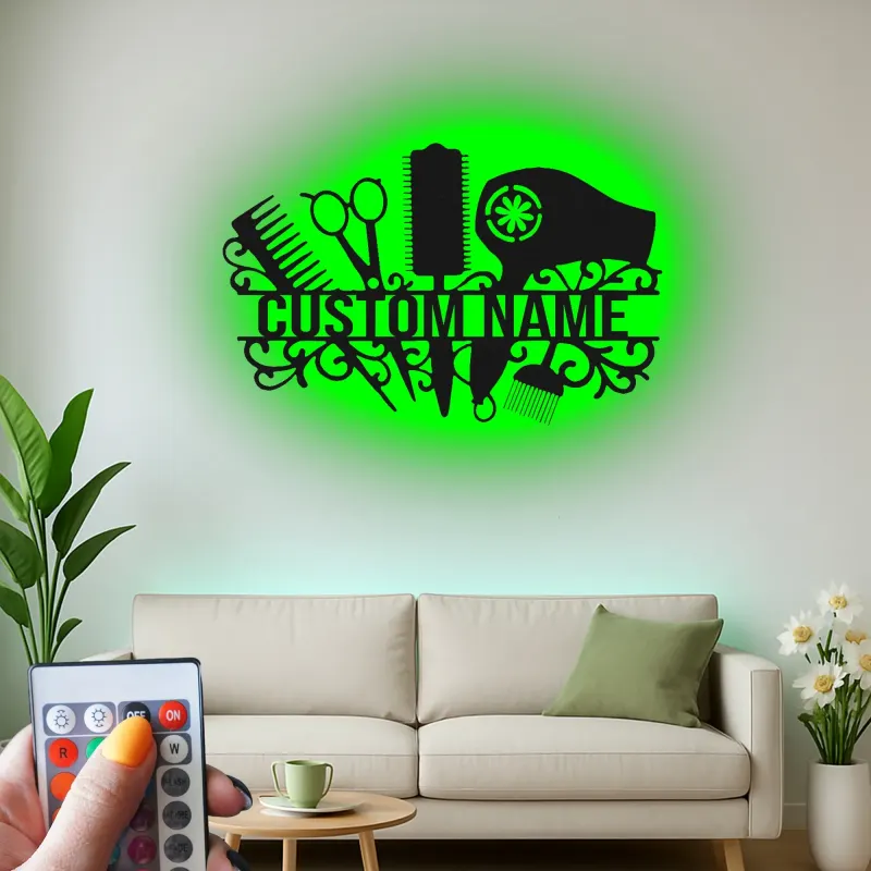 Personalized Salon Sign | Custom Hair Stylist LED Decor | Metal Wall Art for Hairdresser | Light Up Beauty Shop Nameplate