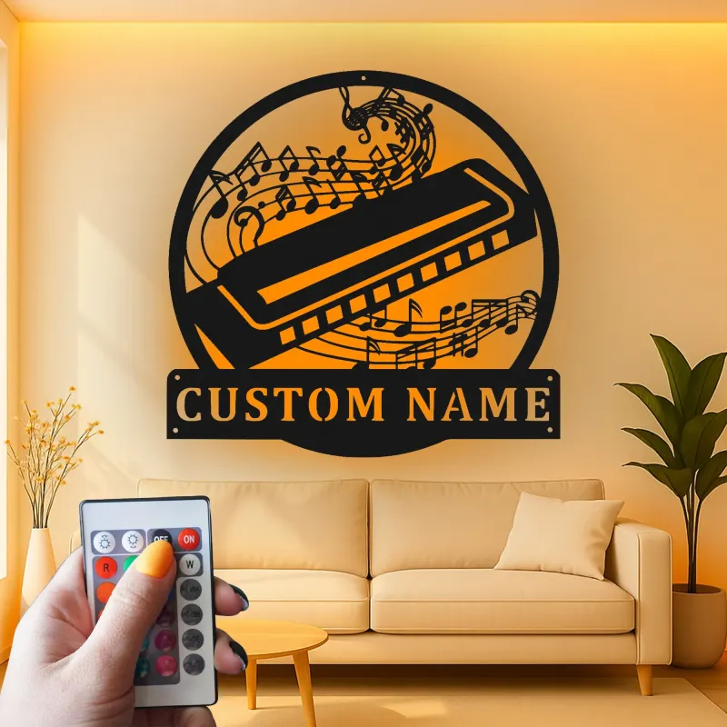 Enseigne harmonica personnalisée en métal | Décoration murale musicale LED pour studio | Plaque musicien personnalisée avec notes de musique