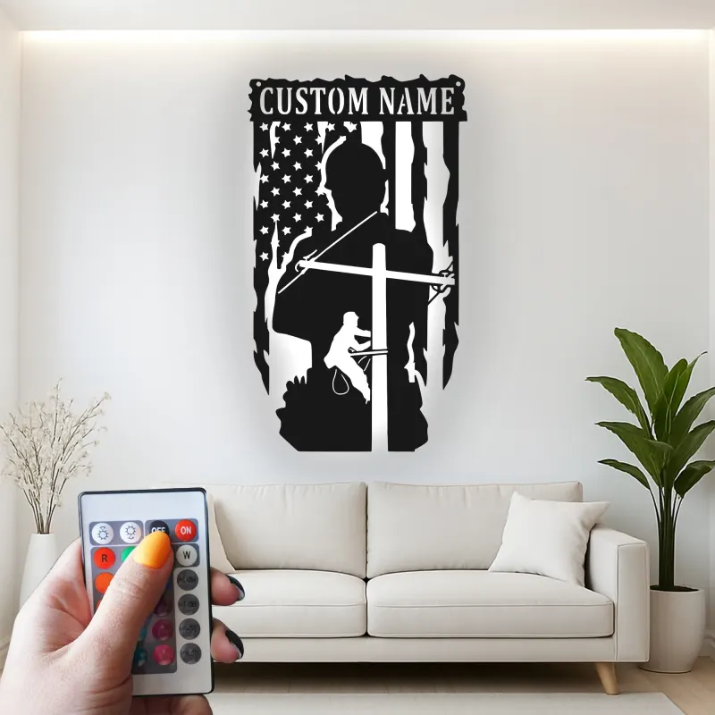 Lineman American Flag LED Sign | Custom Metal Wall Art | Personalized Electrician Gift for Man Cave | Patriotic Home Decor