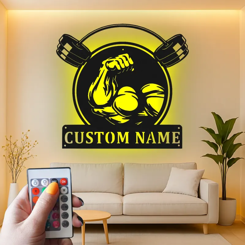 Insegna palestra personalizzata con LED | Arte da parete in metallo per sollevamento pesi | Arredo fitness su misura per home gym o studio