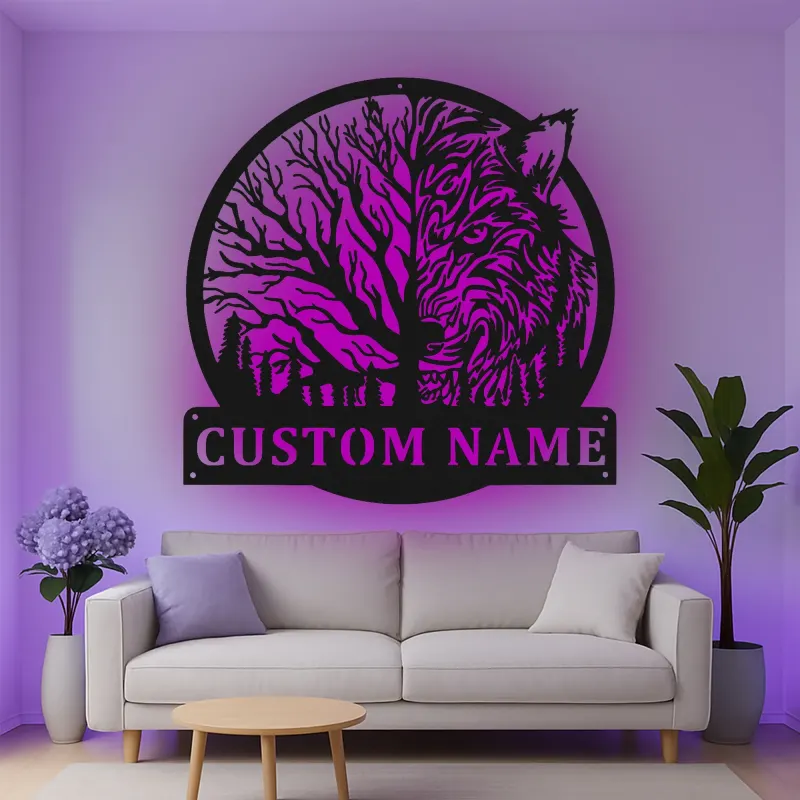 Décoration murale en métal personnalisée avec lumière LED de loup et forêt