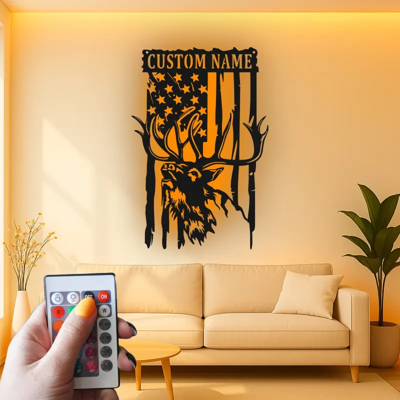 Décoration murale en métal personnalisée avec cerf et drapeau américain, éclairage LED, cadeau personnalisé pour chasseurs, décoration de cabane rustique 3