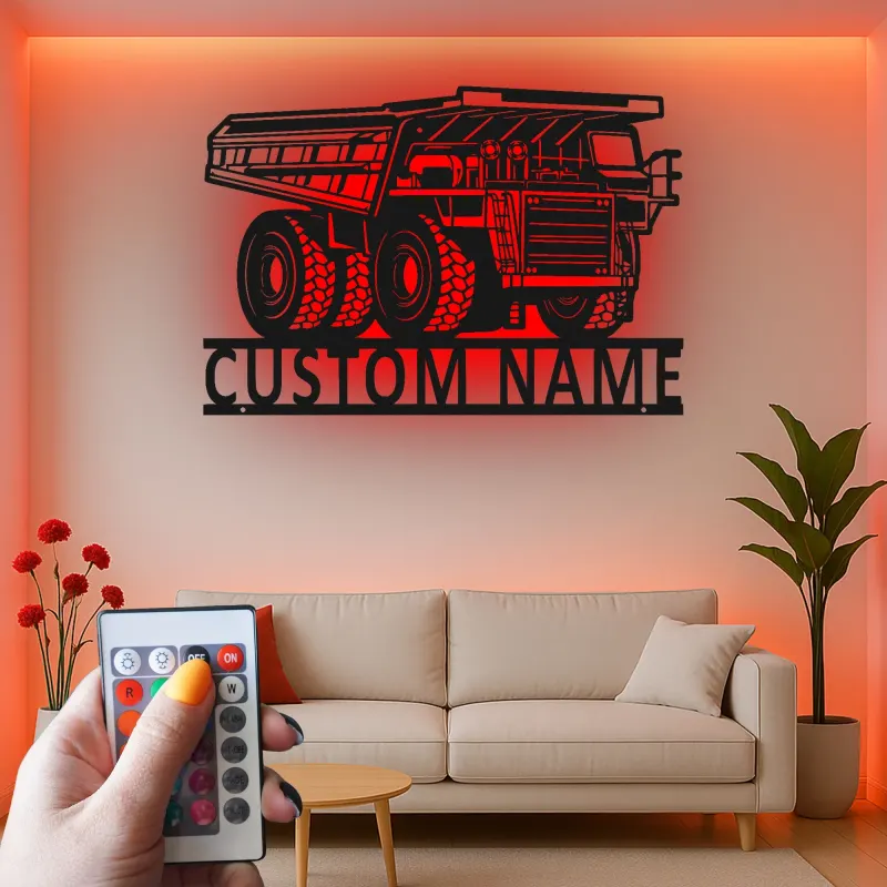 Insegna in metallo LED personalizzata a tema camion ribaltabile per appassionati di costruzione, regalo per garage o ufficio