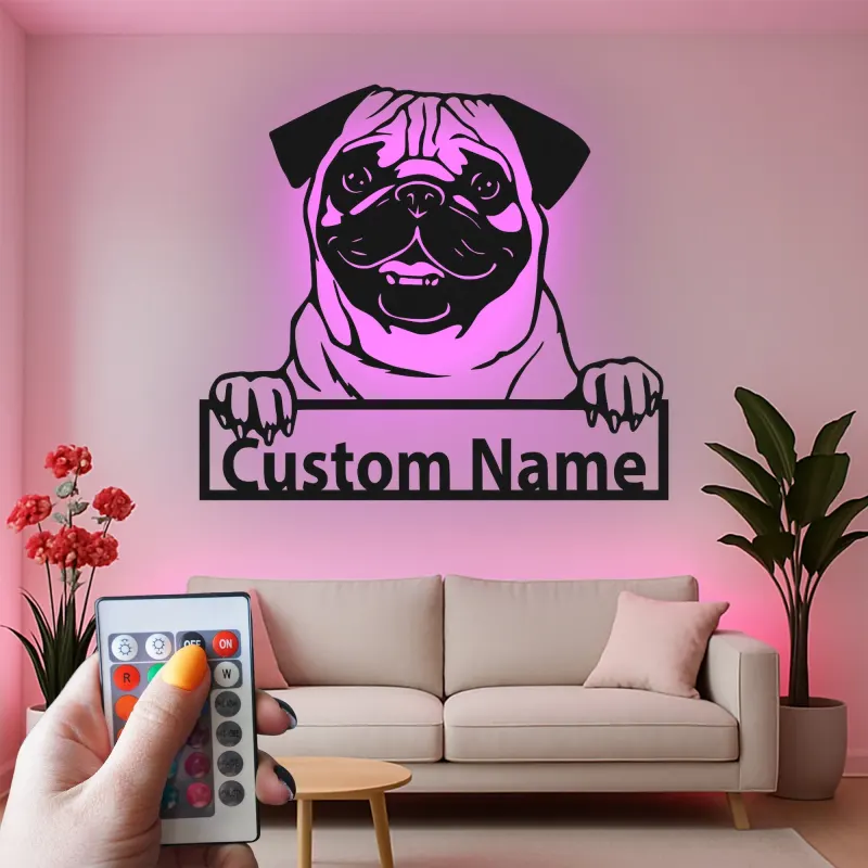 Personalisierte Pug LED-Schild | Individuelles Metall-Haustierporträt | Hundeliebhaber Namensdekoration | Moderne Wandkunst für den Eingangsbereich