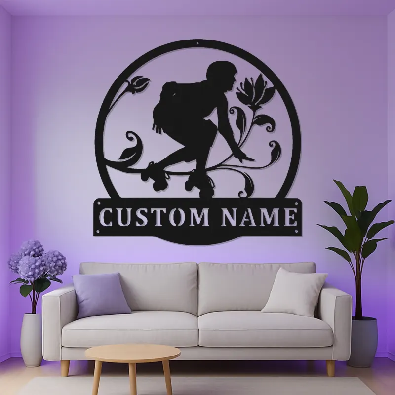 Panneau Personnalisé Roller Skate avec LED | Art Murale Métal Personnalisé pour Chambre d'Adolescent | Décor Fille Skater Floral