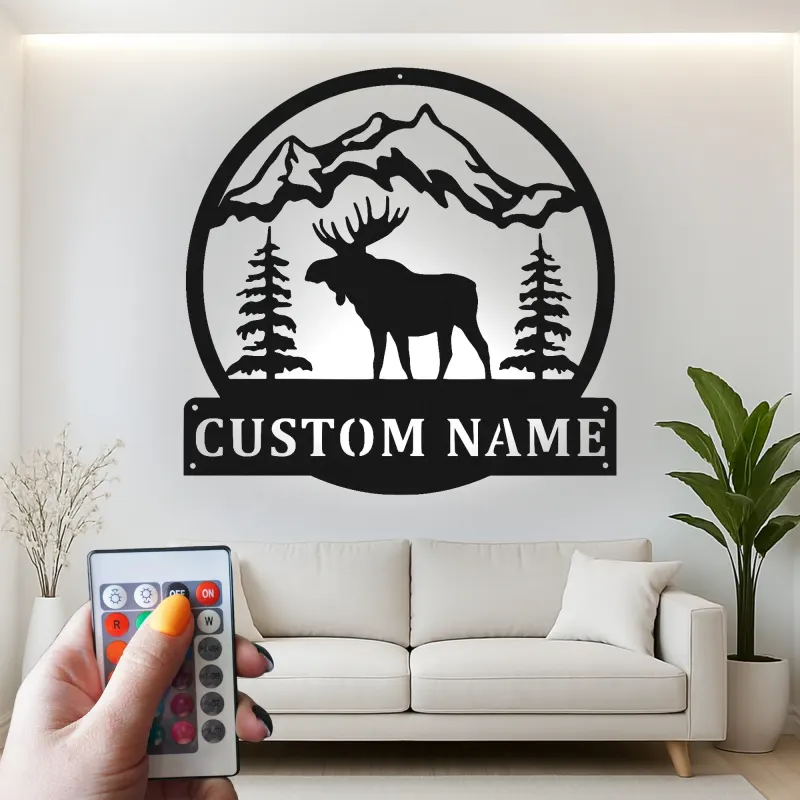 Insegna in metallo Bull Moose personalizzata | Arte murale illuminata con LED della fauna selvatica | Decorazione rustica per cabin | Regalo personalizzato per lodge