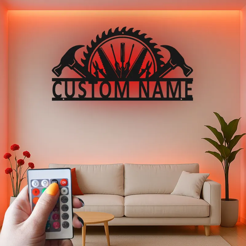 Décoration murale en métal personnalisée avec rétroéclairage LED en forme de lame de scie - Cadeau pour bricoleur, décoration de garage et d'atelier