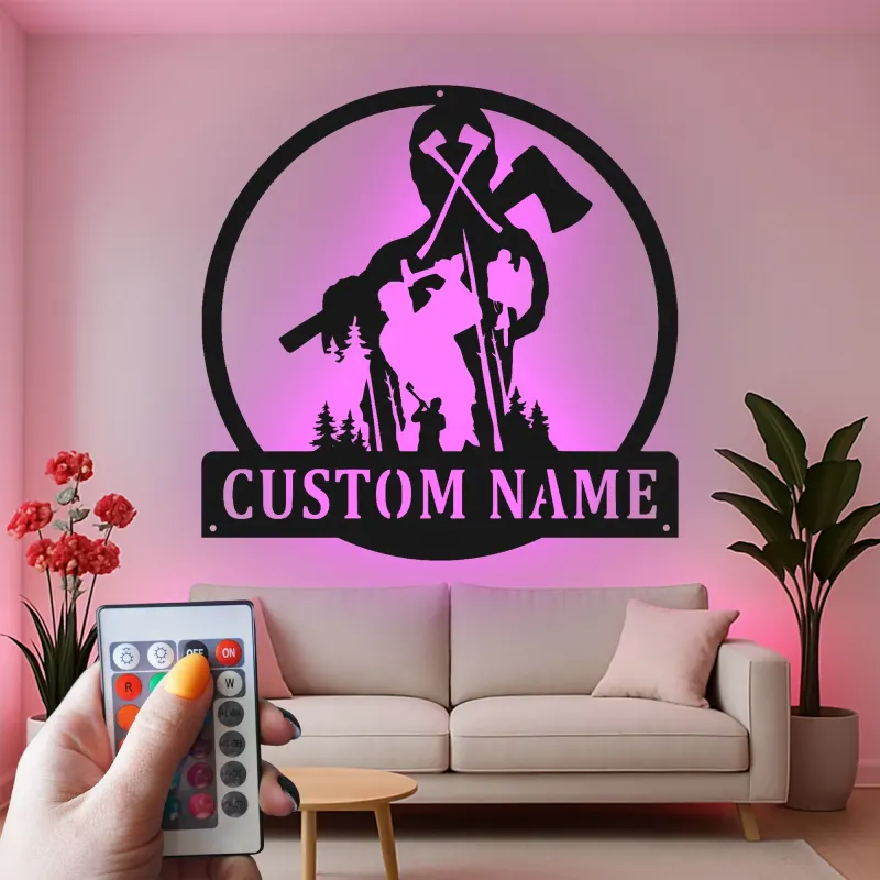 Insegna in Metallo Boscaiolo Personalizzata | Arte da Parete LED Woodsman | Regalo Personalizzato per Lui | Decorazione Rustica per Cabin e Garage