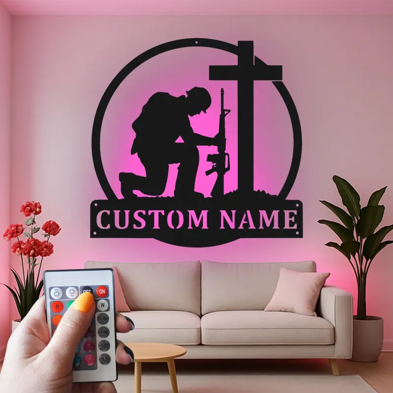 Kneeling Soldier Memorial Sign | Personalized LED Metal Wall Art | Custom Military Tribute Gift for Veterans