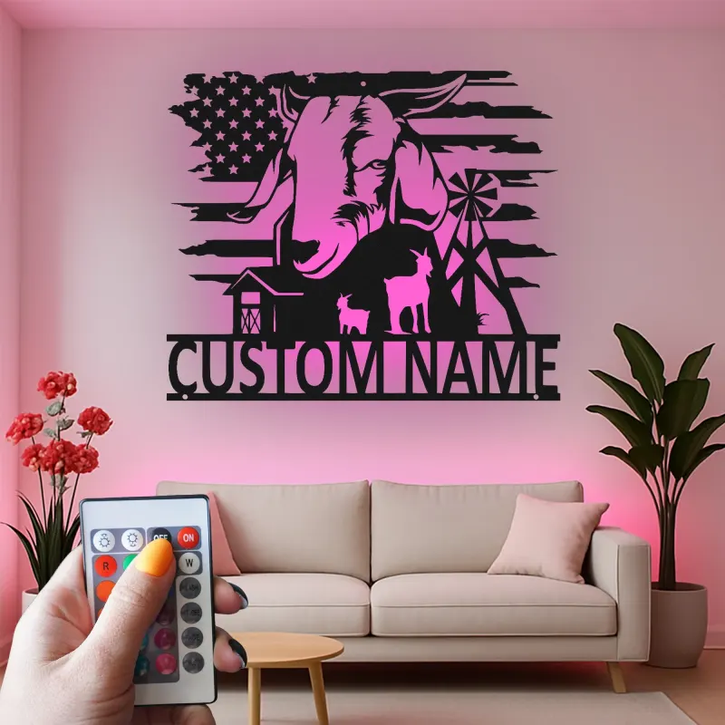 Panneau en métal personnalisé avec chèvre et LED | Déco de ferme personnalisée avec drapeau américain | Art mural rustique de grange | Cadeau pour agriculteur