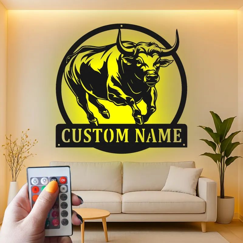 Personalisierte LED-beleuchtete Metall-Wandkunst mit Stier für Ranchbesitzer – Rustikaler Landhausstil