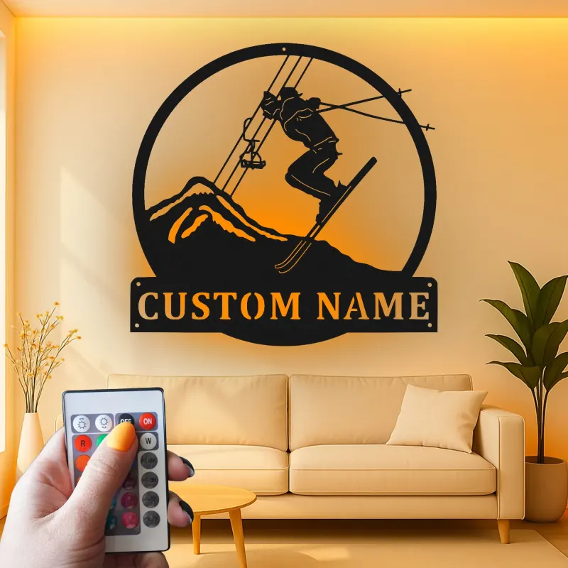 Custom Skier Led Light Metal Wall Art Personalized Gift for Ski Enthusiasts Mountain Lodge Decor