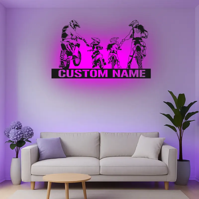 Custom Family Motocross Led Light Metal Wall Art Personalized Gift for Dirt Bike Enthusiasts Garage or Game Room Decor