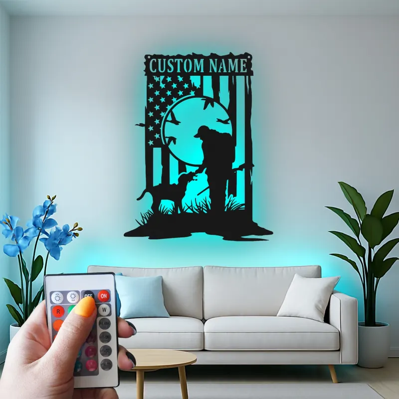 Insegna in metallo personalizzata con luce LED per cacciatori e cani, regalo personalizzato per amanti dell'outdoor, decorazione per man cave