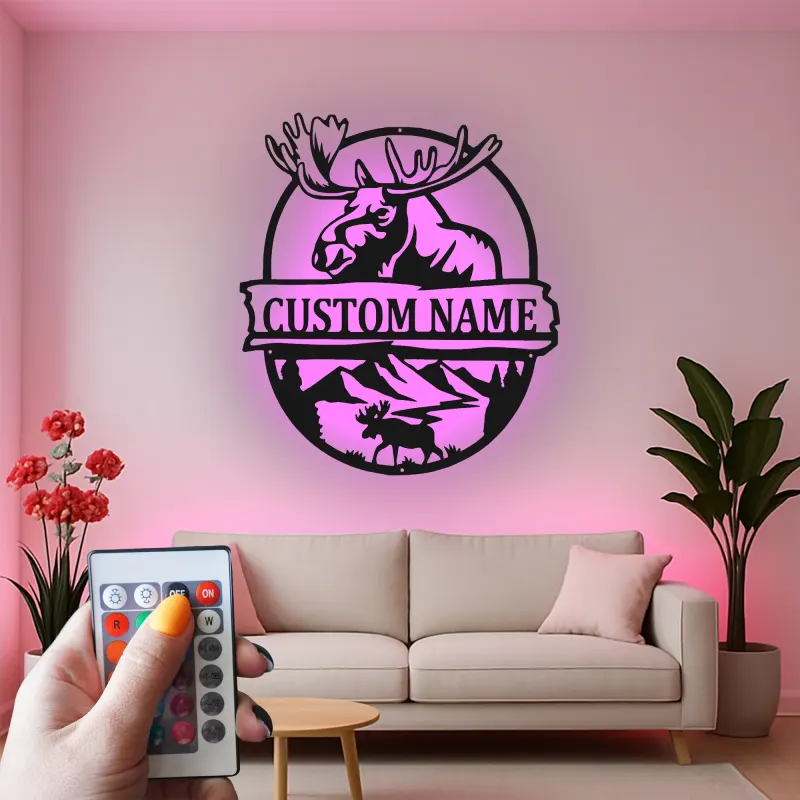 Custom Moose Led Light Metal Wall Art Personalized Gift for Nature Lovers Cabin Decor with Mountain Scene