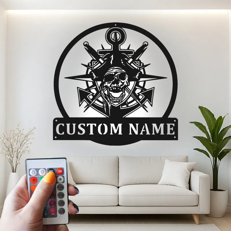 Insegna LED Teschio Pirata con Ancora | Arte Murale Nautica con Nome Personalizzato | Regalo Personalizzato per Marinai per Man Cave e Bar di Casa