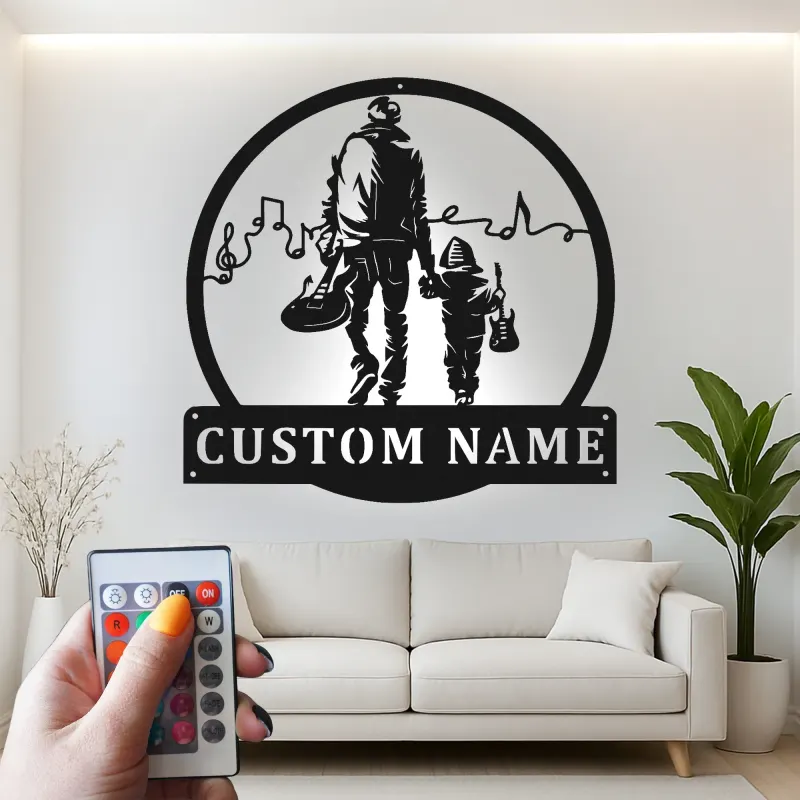 Panneau Métallique Personnalisé pour Musicien Papa et Fils | Art Mural LED de Guitare | Cadeau de Fête des Pères Personnalisé pour Amateurs de Musique