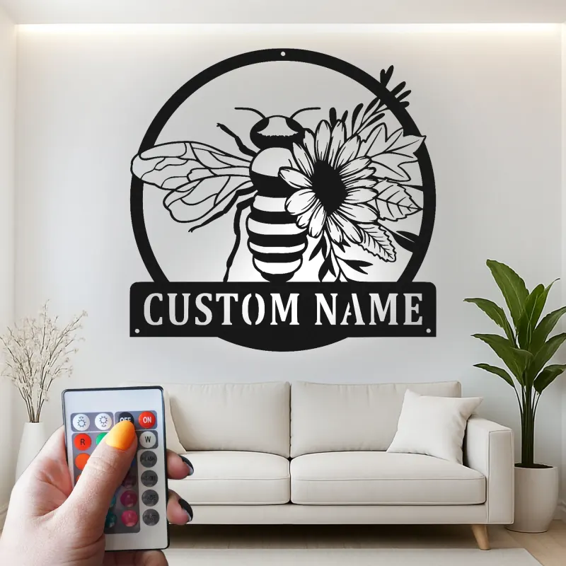 Custom Bee and Flower Led Light Metal Wall Art Personalized Garden Lover Gift Outdoor Patio Decor