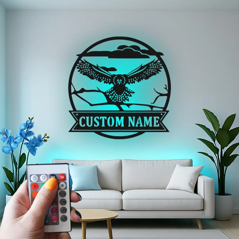 Custom Flying Owl LED Sign | Personalized Metal Wall Art | Wildlife Cabin Decor | Nature Lover Gift