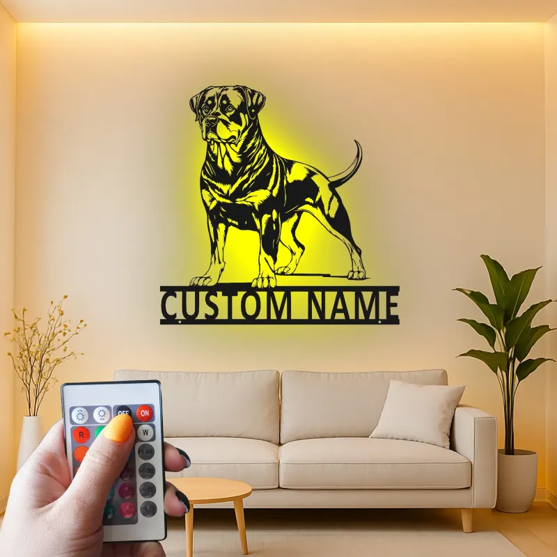 Rottweiler Custom Name Metal Sign | LED Light Pet Portrait Wall Art | Dog Lover Memorial Gift
