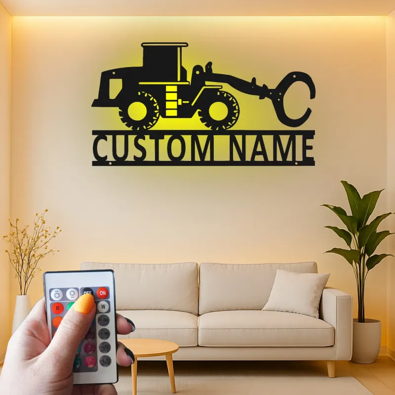 Décoration murale en métal LED personnalisée pour excavateur - Cadeau pour passionnés de construction, décoration de garage ou de bureau