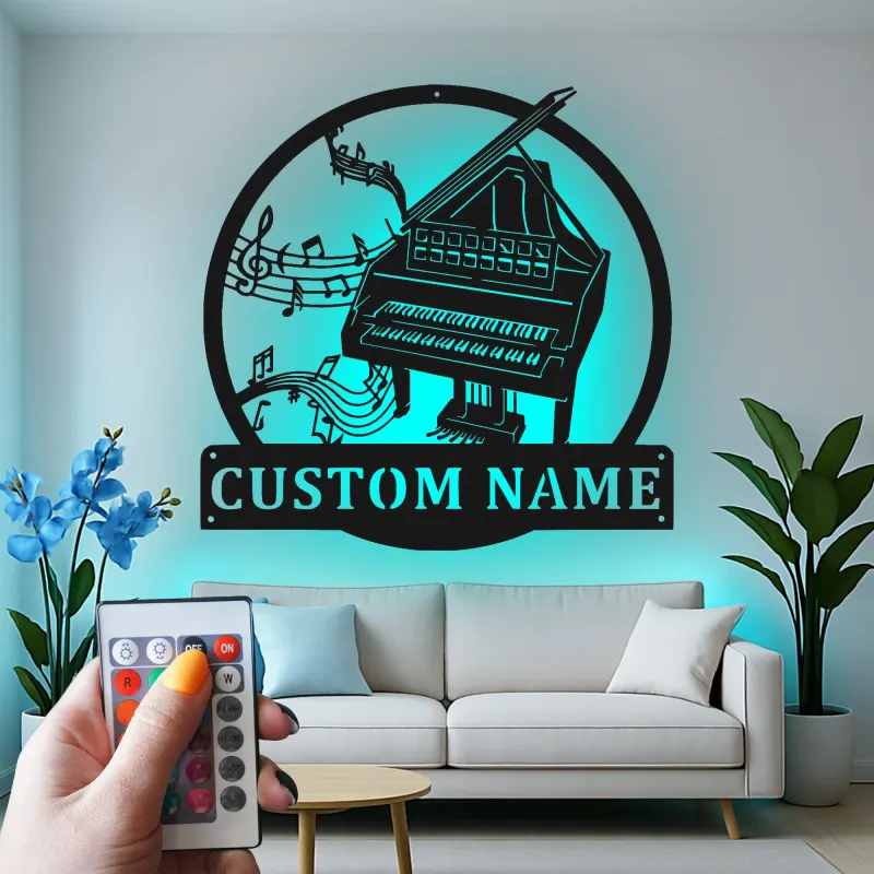 Panneau piano personnalisé avec LED | Décoration murale en métal sur mesure pour salle de musique | Déco silhouette piano à queue | Cadeau pour pianiste