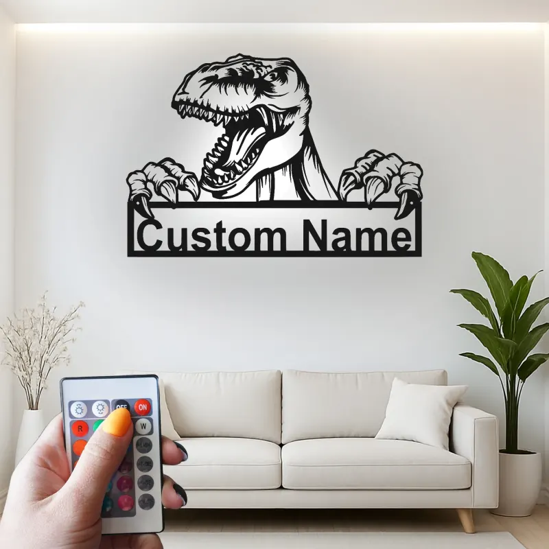 Custom T-Rex Led Light Metal Wall Art Personalized Dinosaur Gift for Kids Unique Bedroom Decor