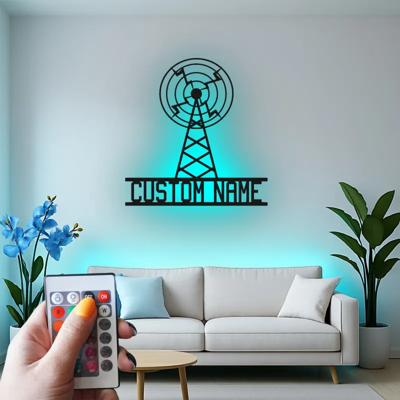 Personalisierte LED Metall-Wandkunst eines Funkmastes | Individuelles Retro-Broadcasting-Schild | Vintage Radio Antenne Dekor für Studio & Büro