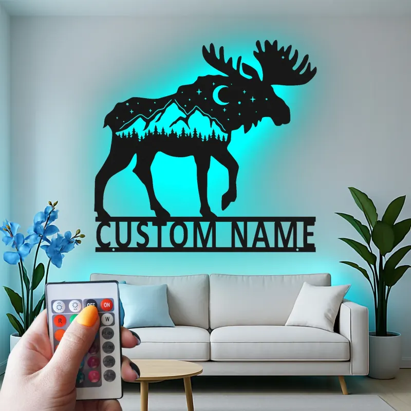 Personalized Moose Metal Wall Art | LED Wildlife Sign | Custom Name Cabin Decor | Rustic Mountain Hunter Gift