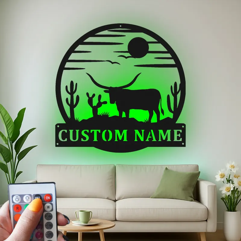 Cartel LED Texas Longhorn | Arte mural de metal para rancho | Decoración rústica occidental para vaqueros