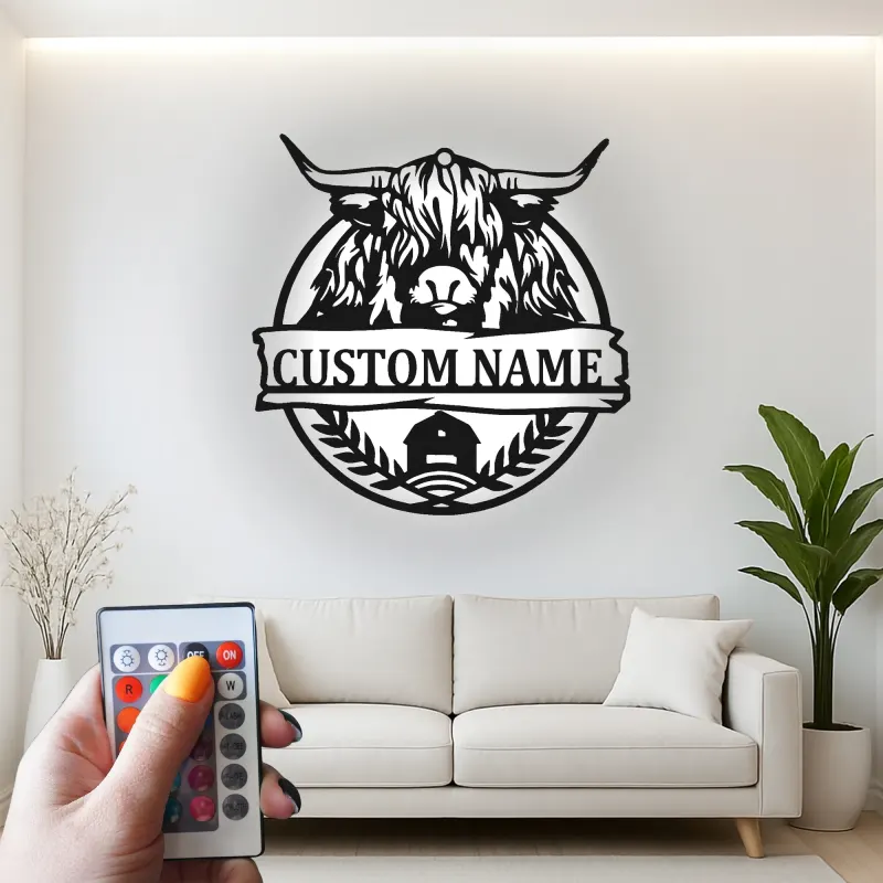 Highland Cow Metal Sign with LED | Personalized Farmhouse Wall Art | Custom Rustic Ranch Decor & Family Name Gift