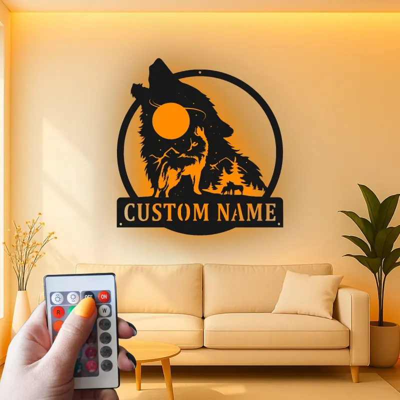 Custom Wolf Howling Led Light Metal Wall Art Personalized Gift for Nature Lovers Rustic Cabin Decor