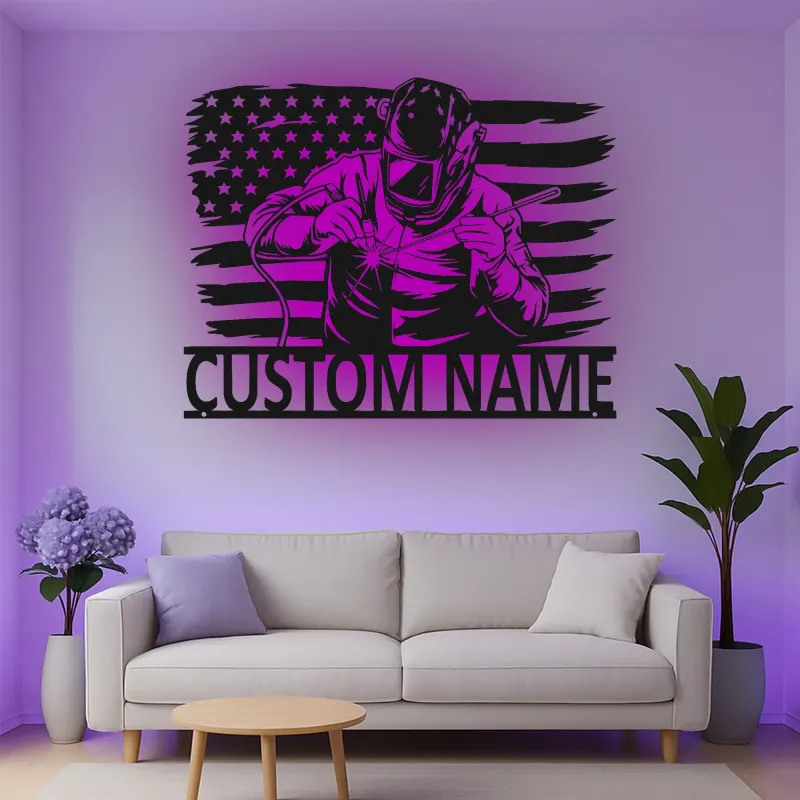 Insegna in metallo personalizzata con saldatore e bandiera americana retroilluminata, regalo personalizzato per officine o garage di saldatori