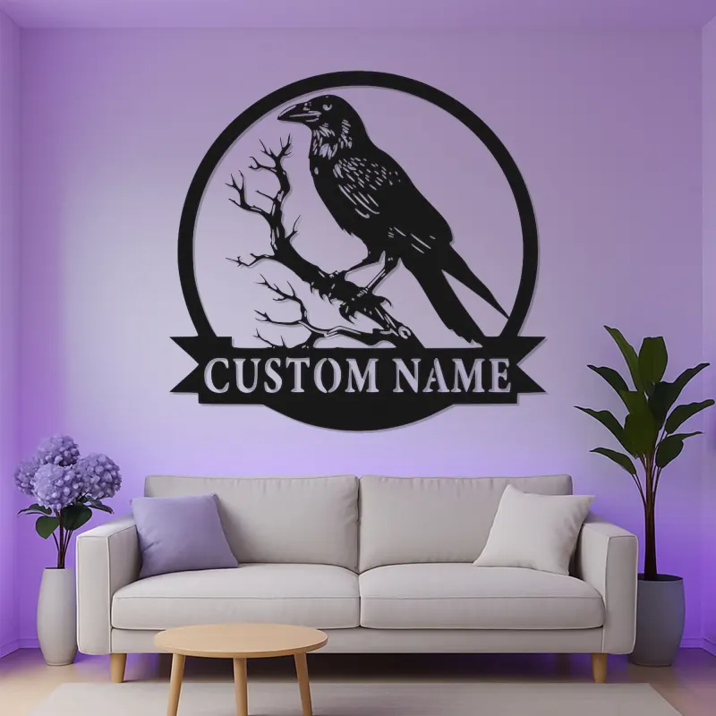 Décoration murale en métal LED Raven | Enseigne gothique personnalisée | Décor de corbeau personnalisé pour bureau et maison