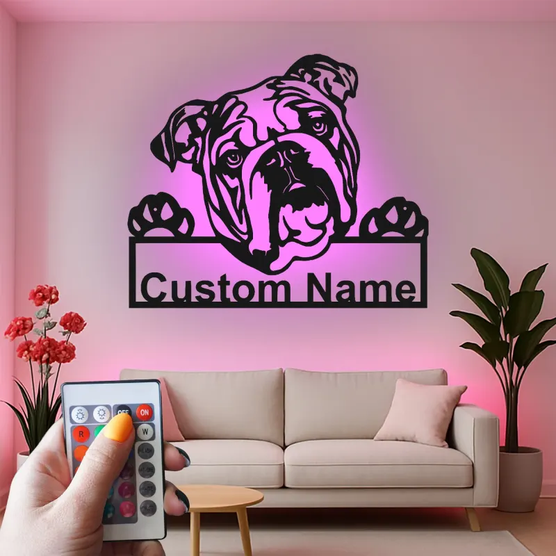 Insegna in metallo LED personalizzata con bulldog - Regalo per amanti dei cani e decorazione per soggiorno
