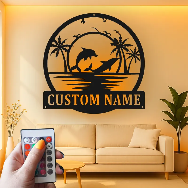 Décoration murale en métal personnalisée avec scène de plage de dauphins et rétroéclairage LED - Cadeau pour amoureux de l'océan - Décor de salon côtier