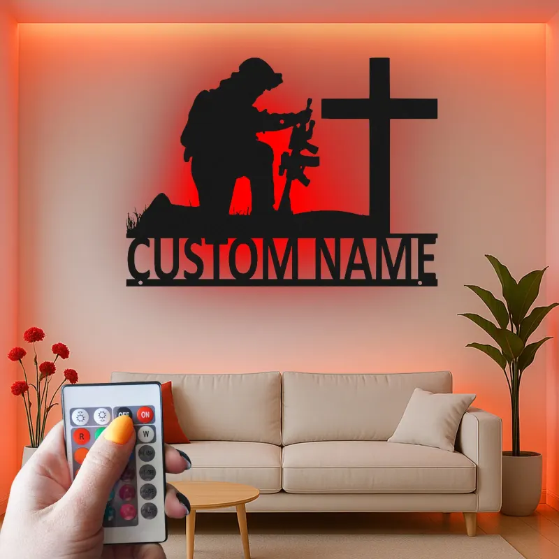 Kneeling Soldier Memorial Sign | Personalized LED Metal Art for Veterans | Custom Military Tribute | Christian Cross Wall Decor
