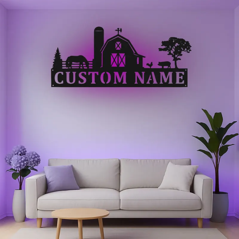 Custom Farm Scene Led Light Metal Wall Art Personalized Barnyard Gift Rustic Home Decor for Farmhouse