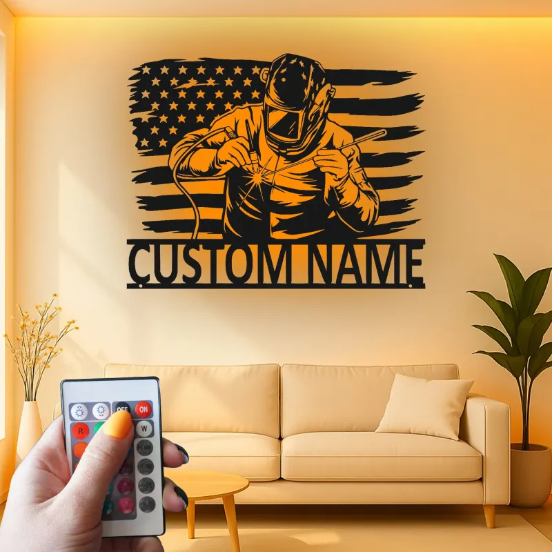 Insegna in metallo personalizzata con saldatore e bandiera americana retroilluminata, regalo personalizzato per officine o garage di saldatori
