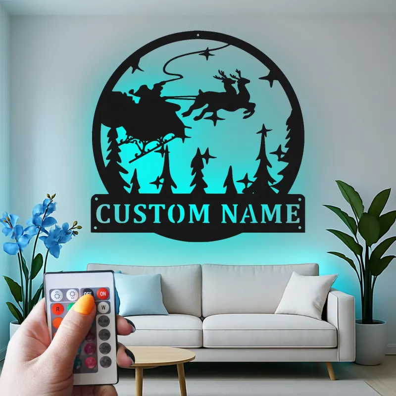 Cartel de metal personalizado de trineo de Santa | Decoración mural navideña LED | Arte navideño personalizado con nombre de familia | Silueta festiva de reno