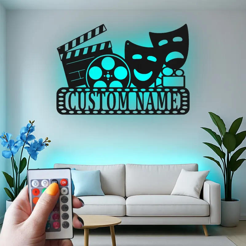 Personalized Theater Sign with LED | Custom Movie Room Decor | Metal Film Reel & Masks Wall Art for Cinema Lover Gift