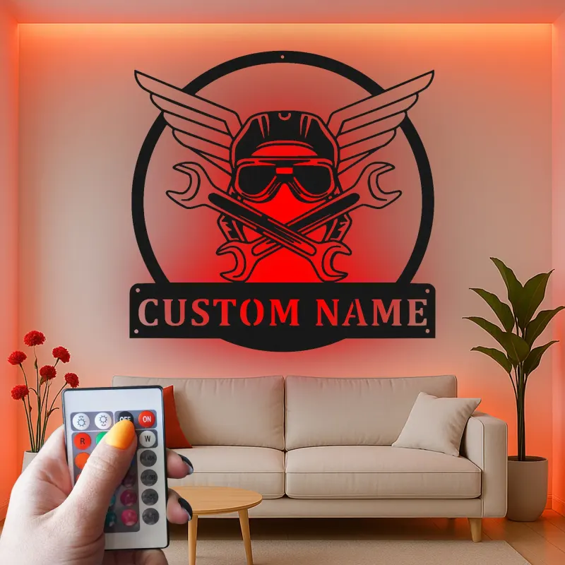 Cartel de metal personalizado de alas mecánicas con luz LED regalo para entusiastas de coches decoración de garaje