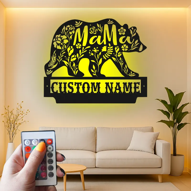 Arte mural de oso mamá | Cartel LED personalizado para cabaña de mamá | Decoración rústica de vida salvaje floral