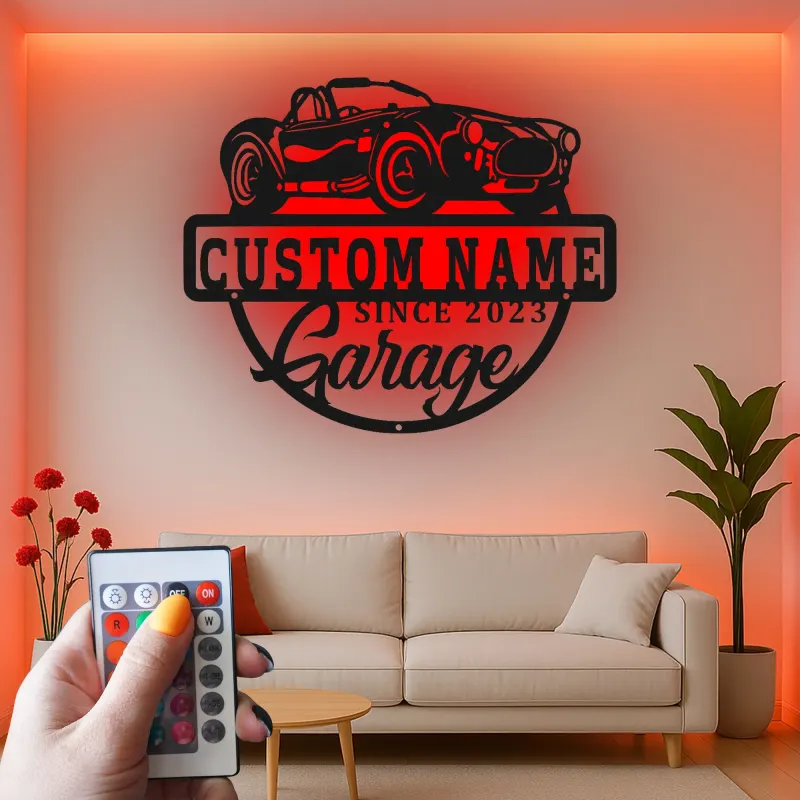 Insegna in metallo LED personalizzata per garage con auto classica - Regalo per appassionati di auto - Decorazione per garage