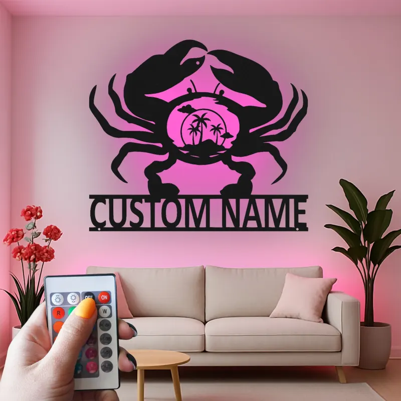 Personalisierte Krabben-Strandszene LED-Wandkunst aus Metall – Küstengeschenk für Strandliebhaber, nautische Wohn-Deko