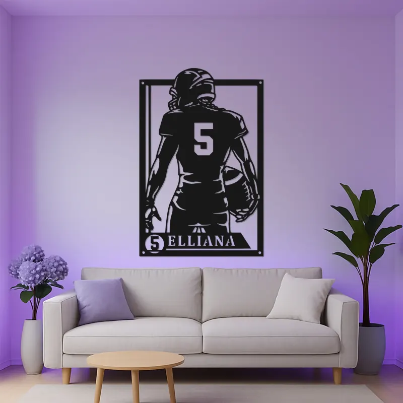 Personalized Football Player Metal Wall Art | Custom LED Sign with Name & Number | Teen Room Decor | Athlete Gift