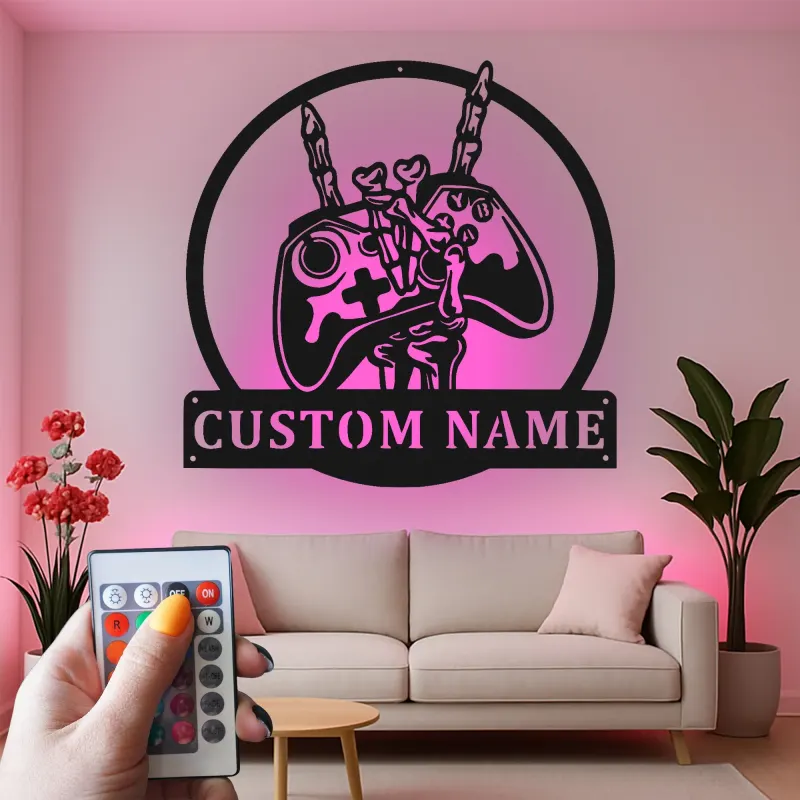 Custom Gamer Metal Sign | Personalized LED Wall Art for Teen Room | Video Game Controller Decor for Man Cave